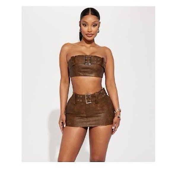 Fashion Nova Janisa Faux Leather Bantu Tube Top Brown - Picture 3 of 12